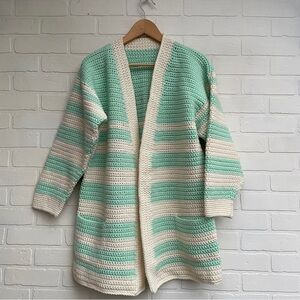 Vintage Handmade Green White Open Front mid cardigan & cap